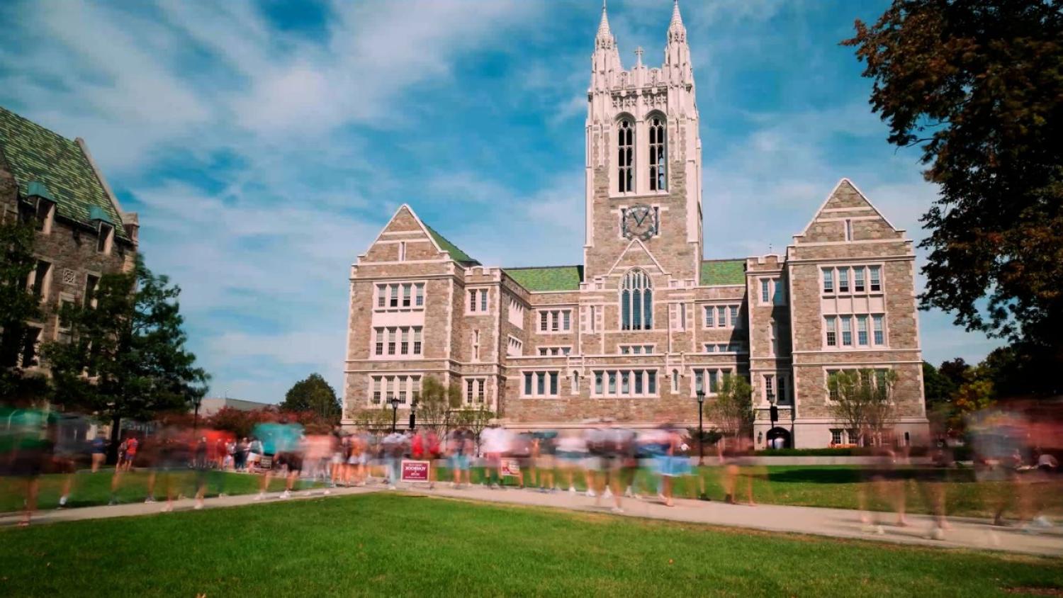 Gasson Hall with tulips in front